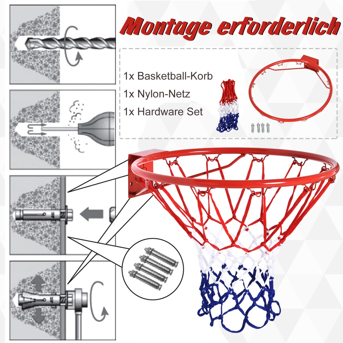 Στεφάνη μπάσκετ, εσωτερικού & εξωτερικού χώρου με καλάθι Ø46 cm και δίχτυ, επιτοίχια, σανίδα μπάσκετ για ενήλικες, κόκκινο + μπλε + λευκό