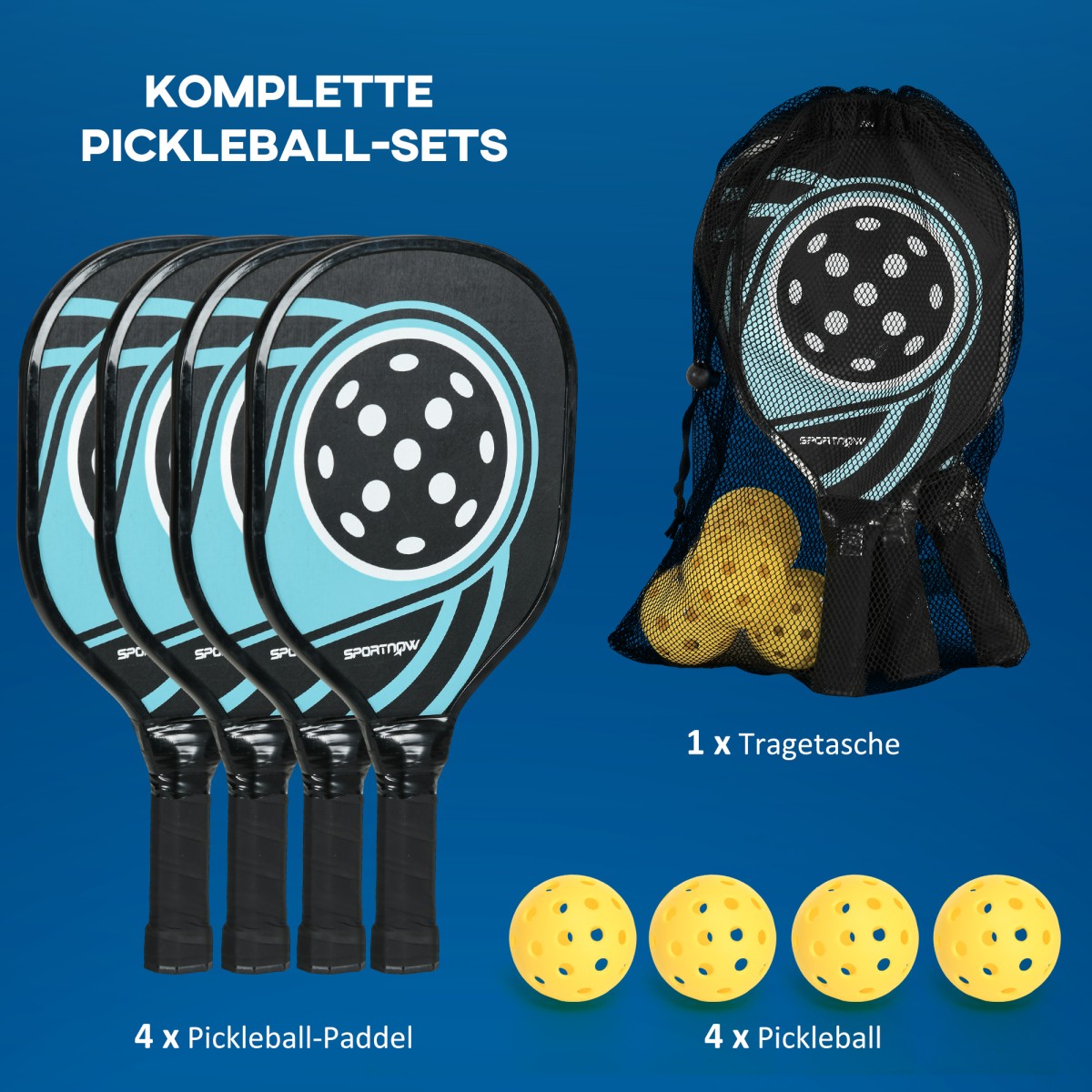 Σετ Pickleball με 4 ρακέτες, 4 μπάλες, τσάντα μεταφοράς, ελαφρύ και ανθεκτικό, μπλε+μαύρο