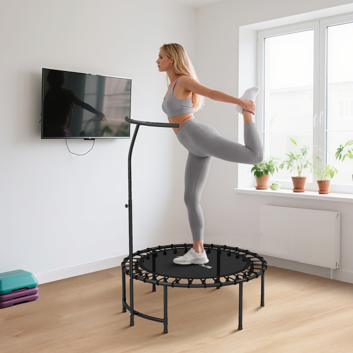 Rebounder Trampoline 5 Level Adjustable Handle Workout Trampoline Black