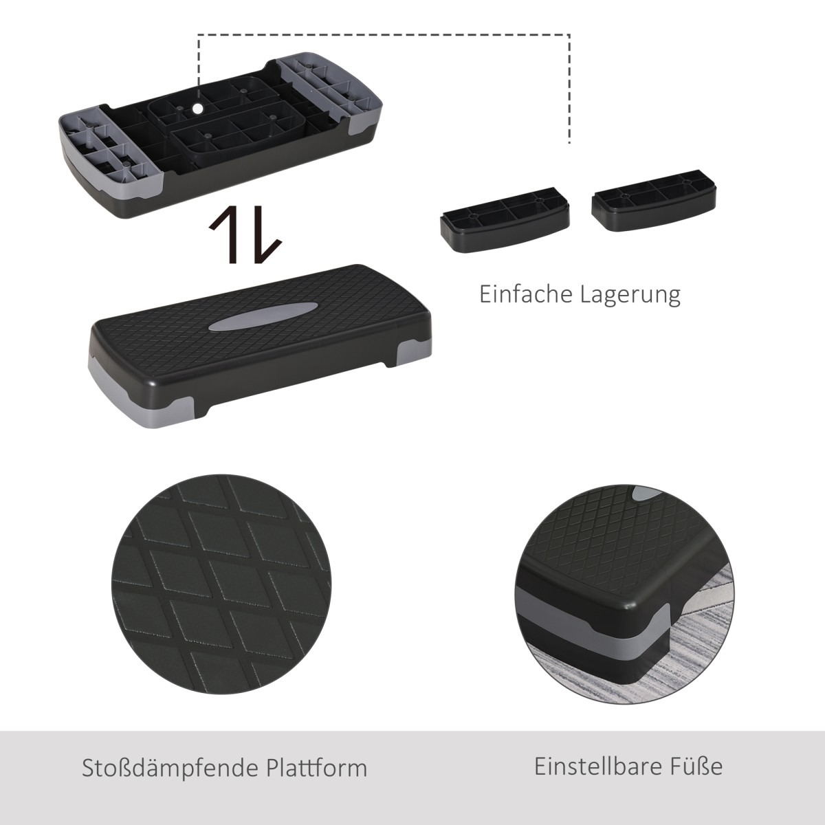 Βαλόνι Αερόβιο Stepper 2 Επιπέδων Ύψος Ρυθμιζόμενο 10-15cm, Αντιολισθητικό Βήμα Γυμναστικής, Μίνι Βαλοπάτι για το Γραφείο στο σπίτι, Μαύρο + Γκρι