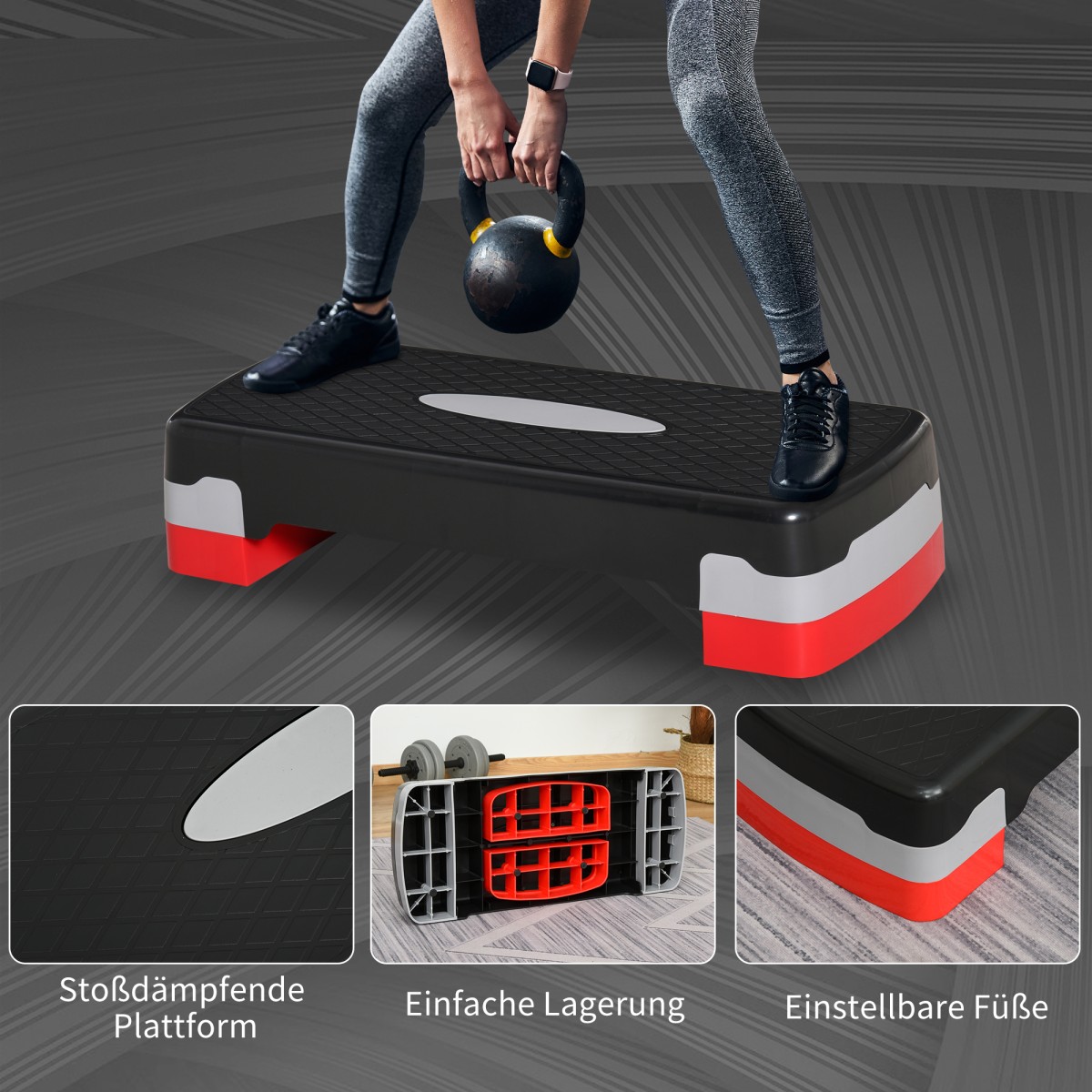 Αερόβιο stepper 2 σταδίων ρυθμιζόμενο ύψος 68 x 28 x 15 cm μαύρο + γκρι + κόκκινο
