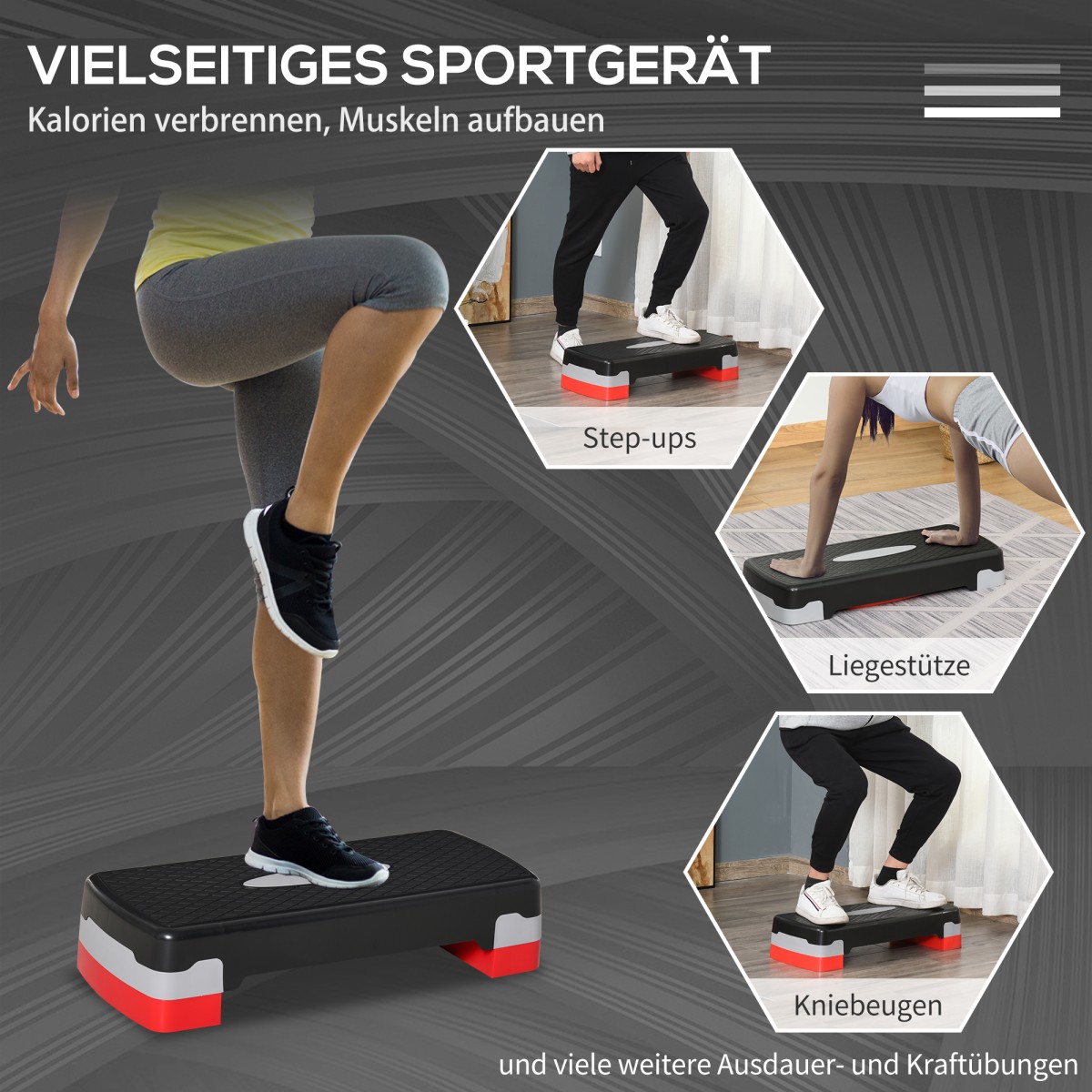 Αερόβιο stepper 2 σταδίων ρυθμιζόμενο ύψος 68 x 28 x 15 cm μαύρο + γκρι + κόκκινο