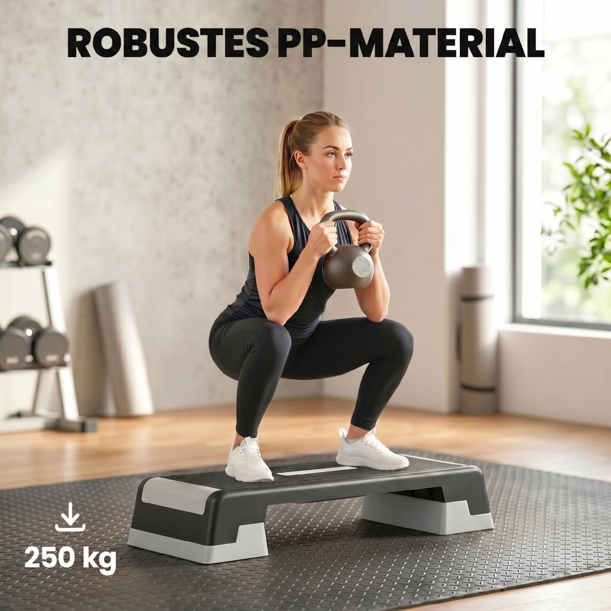 Αερόβιο stepper fitness ρυθμιζόμενο καθ' ύψος με 3 σκαλοπάτια (15/20/25 cm), αντιολισθητικό χαλάκι μαύρο + γκρι