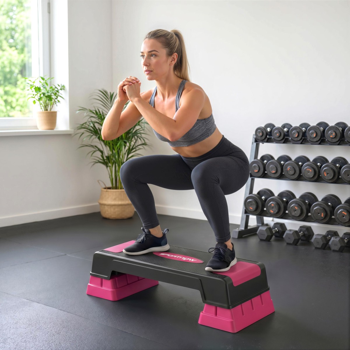 Αερόβιο stepper fitness ρυθμιζόμενο καθ' ύψος με 3 σκαλοπάτια (12/17,5/22,5 cm), αντιολισθητικό χαλάκι μαύρο + ροζ