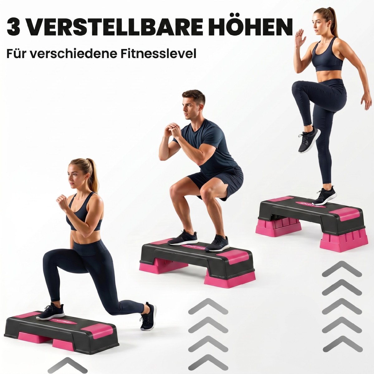 Αερόβιο stepper fitness ρυθμιζόμενο καθ' ύψος με 3 σκαλοπάτια (12/17,5/22,5 cm), αντιολισθητικό χαλάκι μαύρο + ροζ