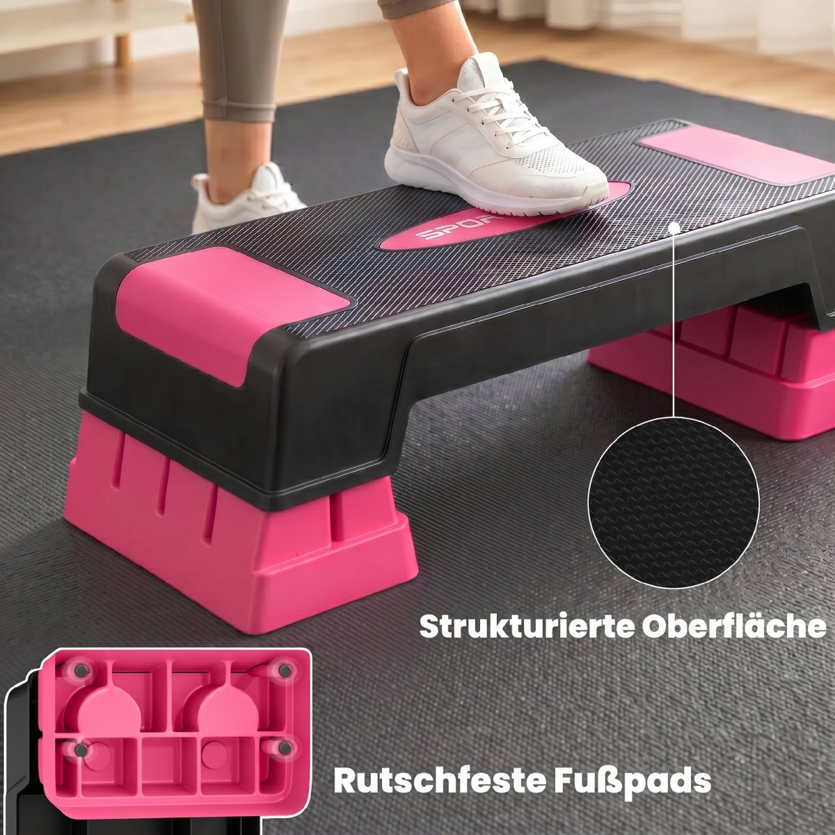 Αερόβιο stepper fitness ρυθμιζόμενο καθ' ύψος με 3 σκαλοπάτια (12/17,5/22,5 cm), αντιολισθητικό χαλάκι μαύρο + ροζ