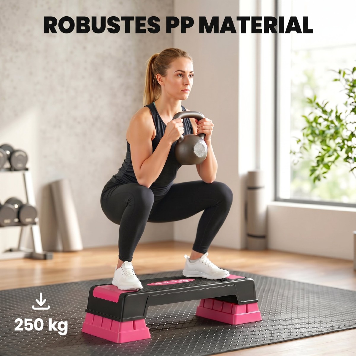 Αερόβιο stepper fitness ρυθμιζόμενο καθ' ύψος με 3 σκαλοπάτια (12/17,5/22,5 cm), αντιολισθητικό χαλάκι μαύρο + ροζ