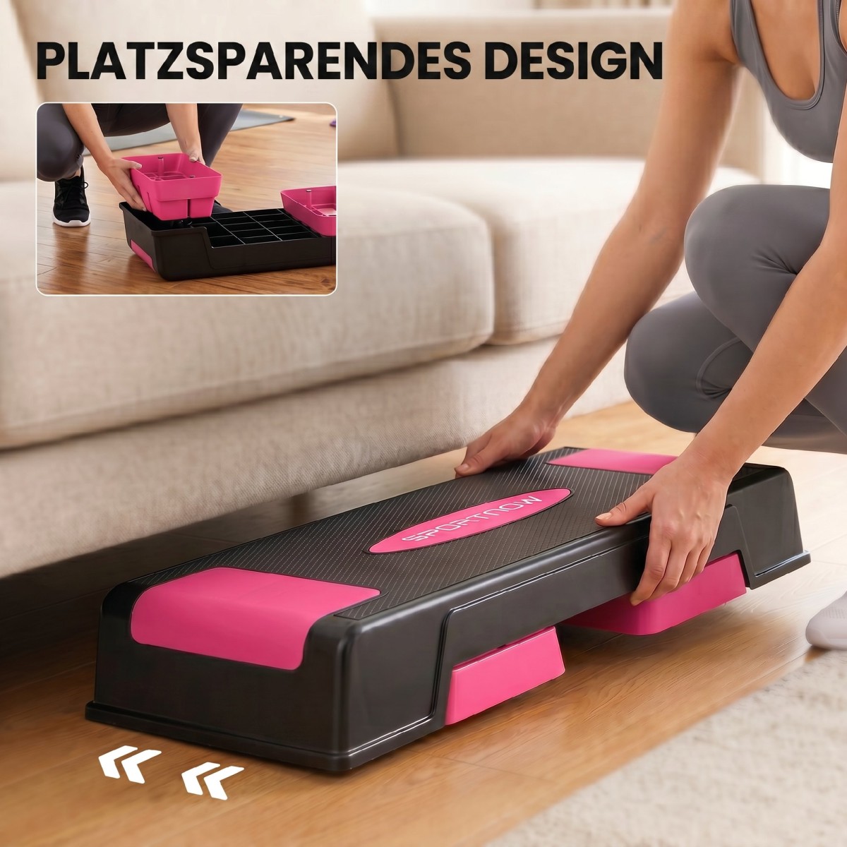 Αερόβιο stepper fitness ρυθμιζόμενο καθ' ύψος με 3 σκαλοπάτια (12/17,5/22,5 cm), αντιολισθητικό χαλάκι μαύρο + ροζ