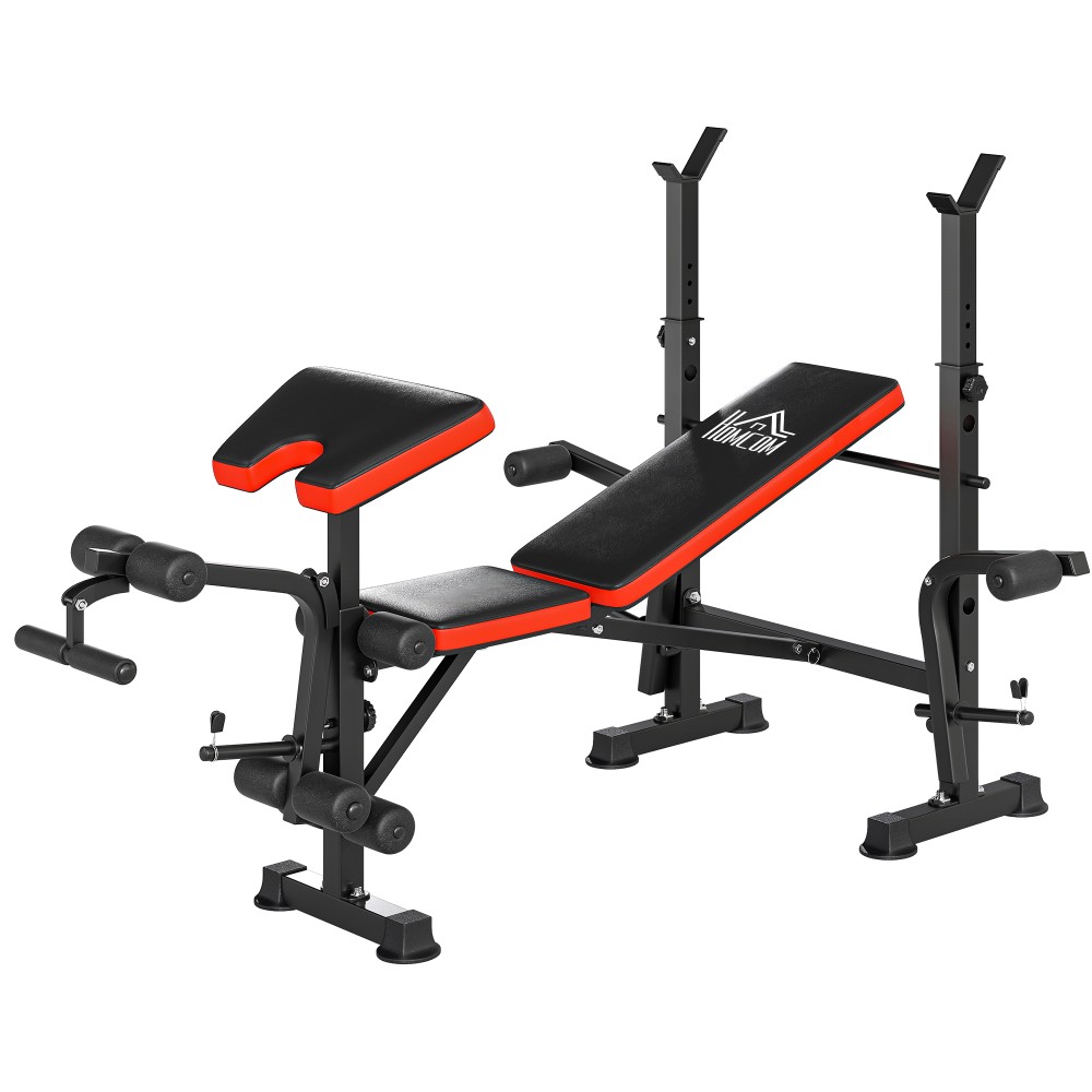 Πάγκος βαρών χωρίς βάρη, ρυθμιζόμενος πάγκος γυμναστικής για πολλές ασκήσεις, σταθμός προπόνησης, ατσάλι, πλαστικό, μαύρο+κόκκινο