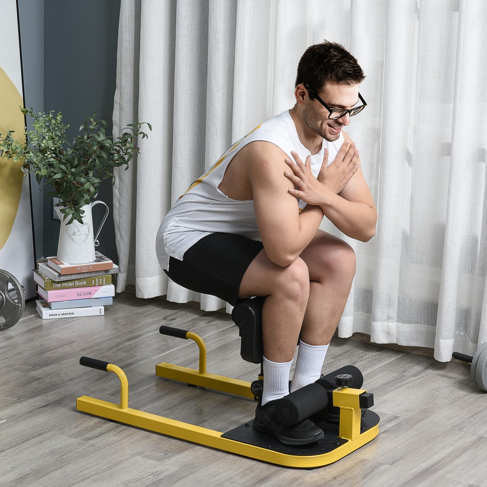 Sissy Squat Squat Trainer Leg Trainer Abdominal Buttocks Trainer 3 σε 1 Trainer Ρυθμιζόμενο έως 120 kg Steel Yellow + Black 50 x 97 x (44,5-56,5) cm