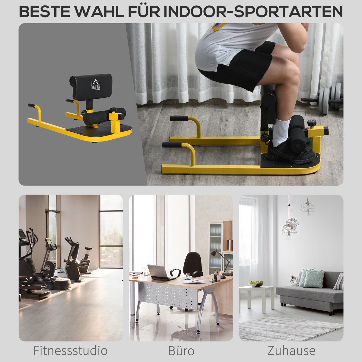 Sissy Squat Squat Trainer Leg Trainer Abdominal Buttocks Trainer 3 σε 1 Trainer Ρυθμιζόμενο έως 120 kg Steel Yellow + Black 50 x 97 x (44,5-56,5) cm