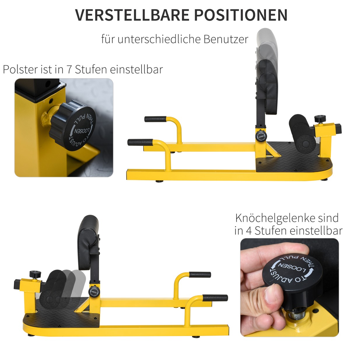Sissy Squat Squat Trainer Leg Trainer Abdominal Buttocks Trainer 3 σε 1 Trainer Ρυθμιζόμενο έως 120 kg Steel Yellow + Black 50 x 97 x (44,5-56,5) cm