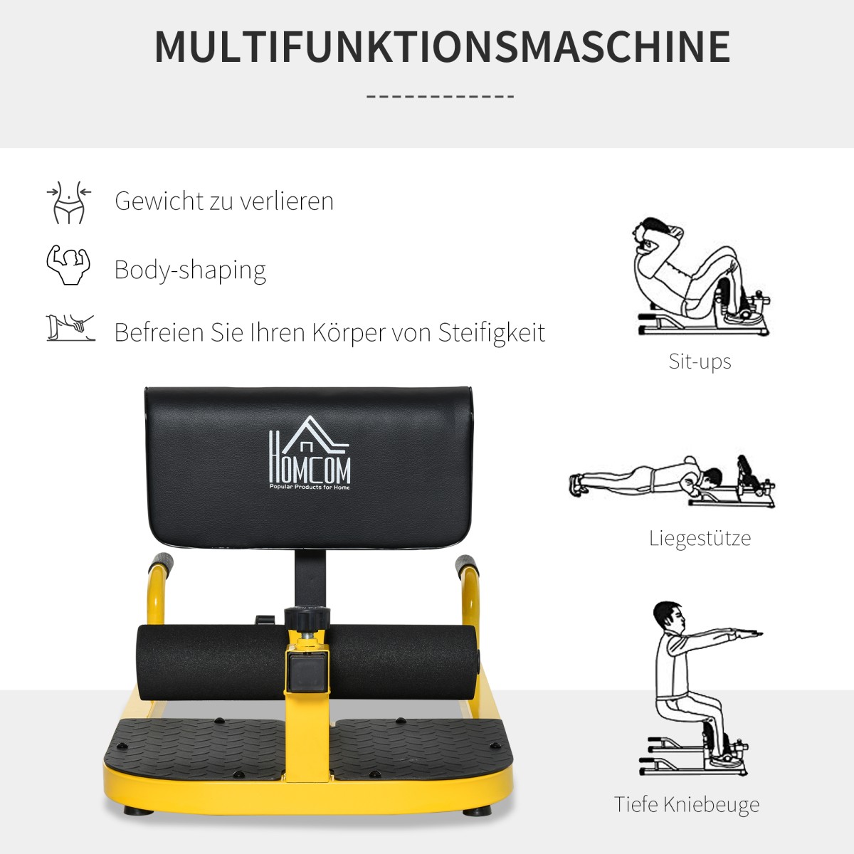 Sissy Squat Squat Trainer Leg Trainer Abdominal Buttocks Trainer 3 σε 1 Trainer Ρυθμιζόμενο έως 120 kg Steel Yellow + Black 50 x 97 x (44,5-56,5) cm