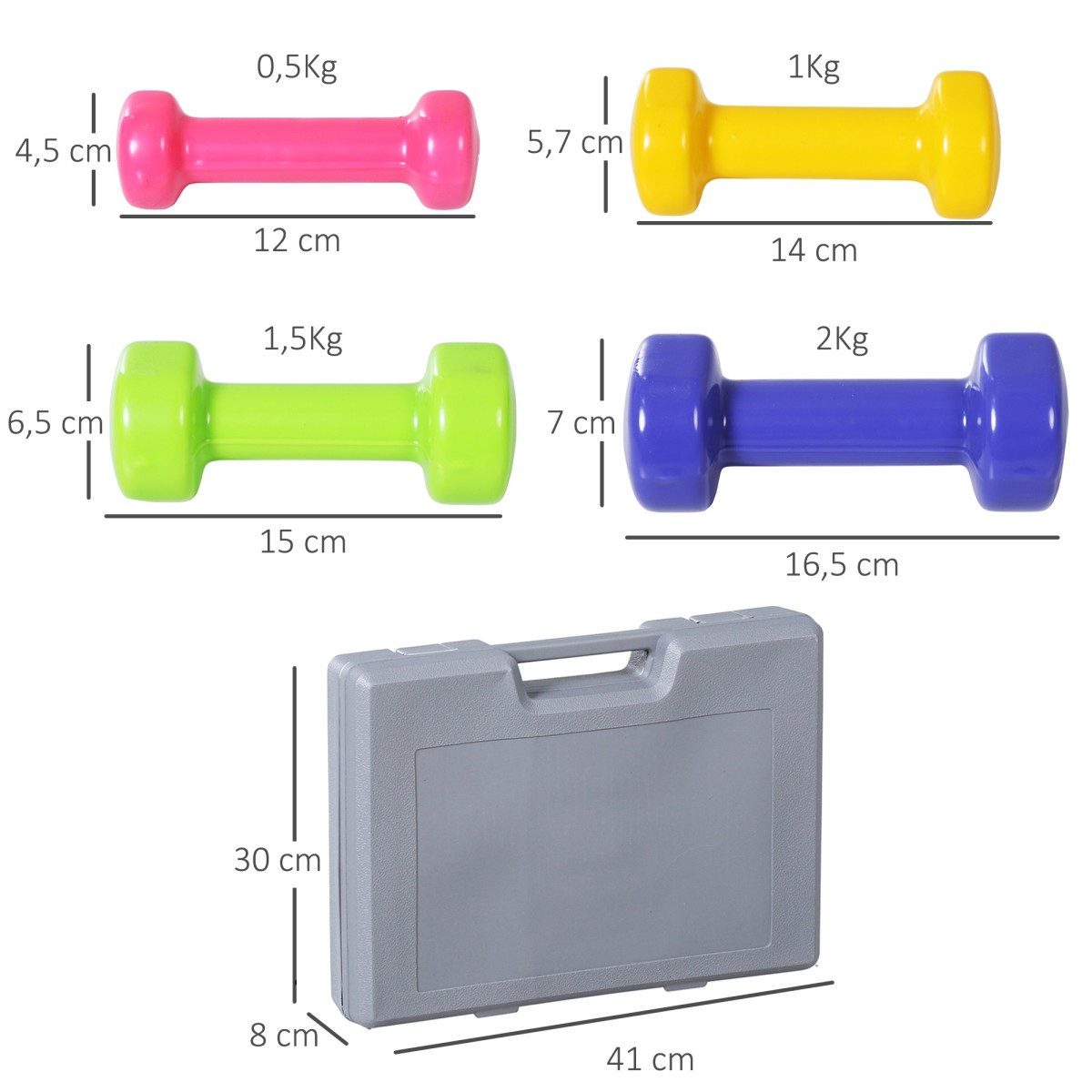 Σετ αλτήρες 4 ζευγάρια αλτήρες με θήκη 0,5 kg/1 kg/1,5 kg/2 kg σίδερο + πλαστικό κόκκινο κίτρινο πράσινο μωβ