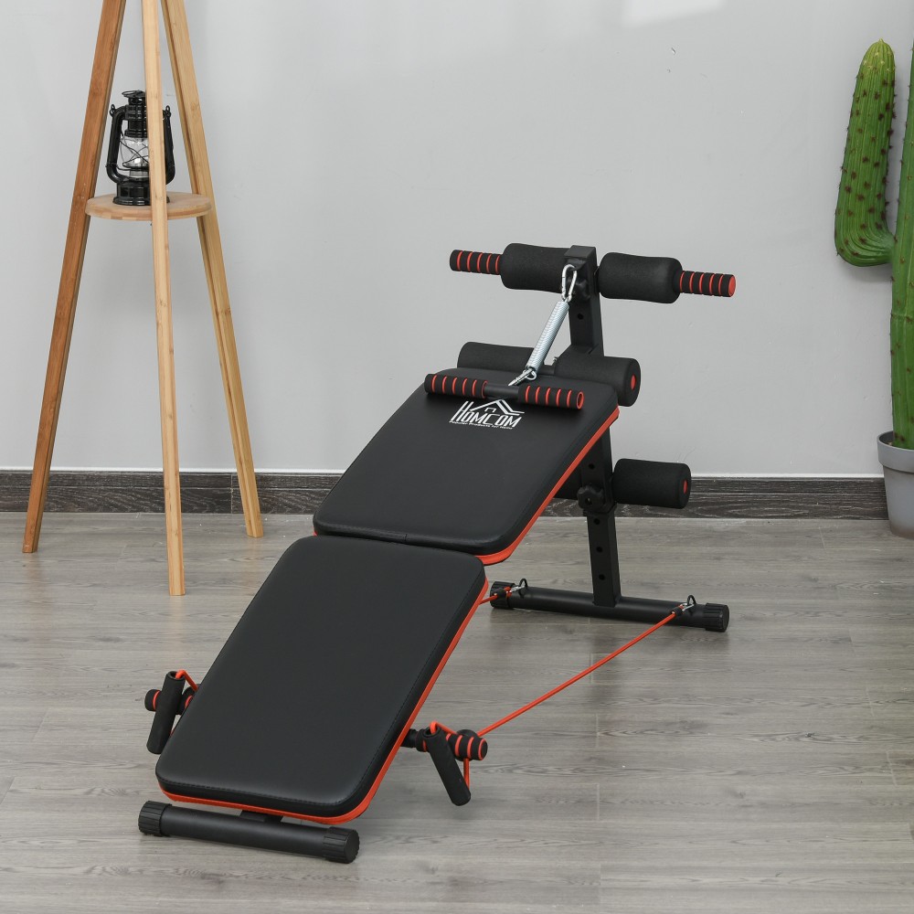 Sit Up Bench Abdominal Trainer with Training Ropes Πάγκος προπόνησης Πολυλειτουργικός Ρυθμιζόμενος & Αναδιπλούμενος 110 kg Χωρητικότητα φόρτωσης Steel Black + Red 137 x 51 x 50-66 cm