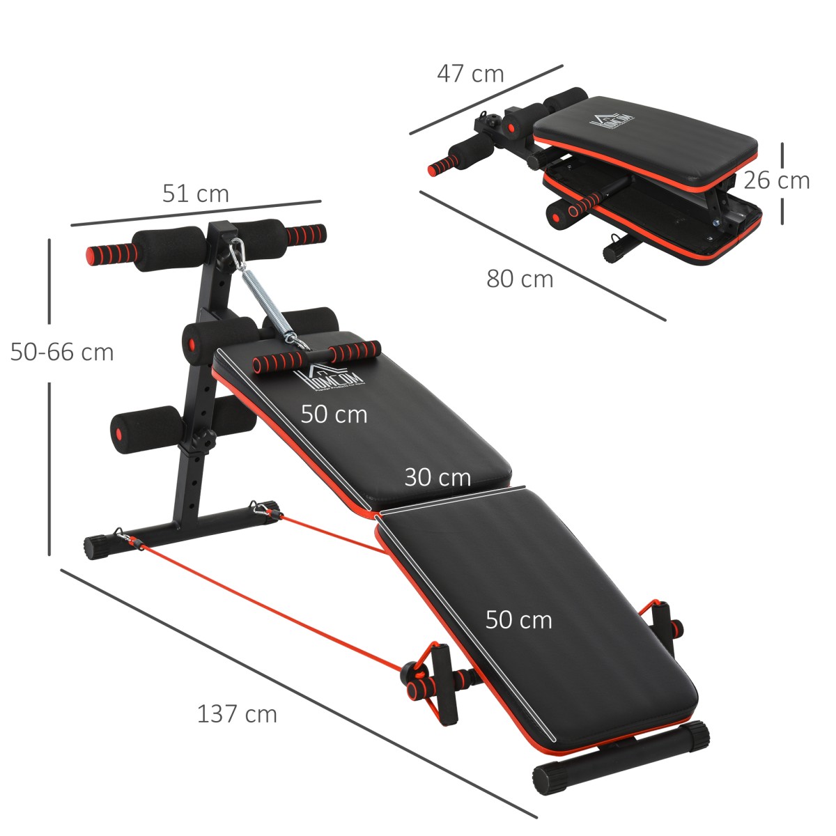 Sit Up Bench Abdominal Trainer with Training Ropes Πάγκος προπόνησης Πολυλειτουργικός Ρυθμιζόμενος & Αναδιπλούμενος 110 kg Χωρητικότητα φόρτωσης Steel Black + Red 137 x 51 x 50-66 cm