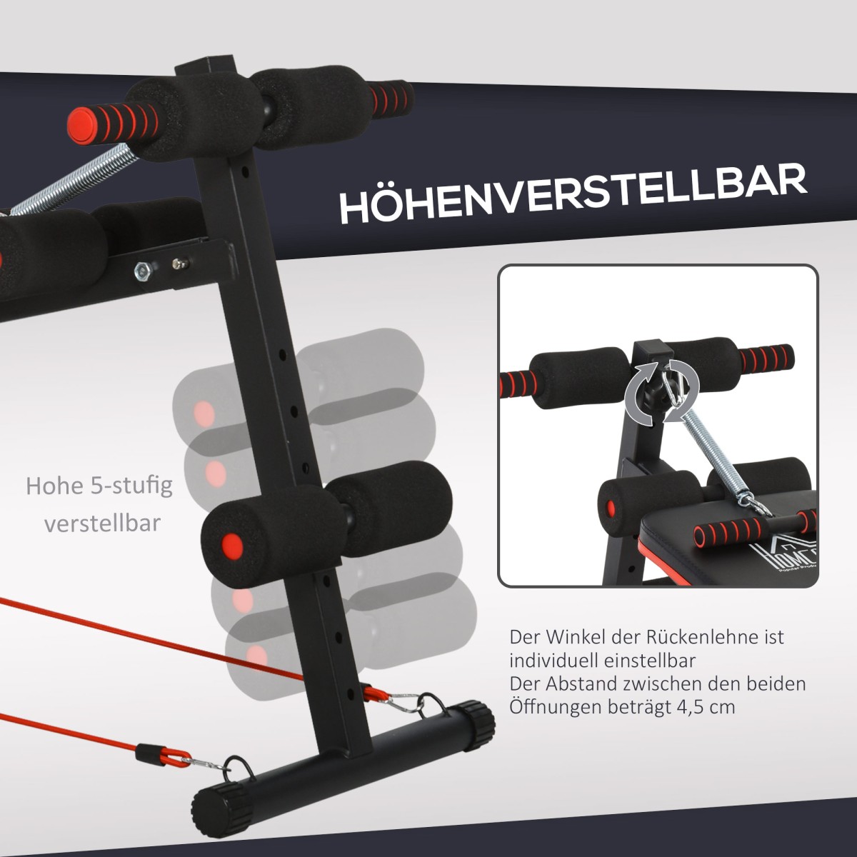 Sit Up Bench Abdominal Trainer with Training Ropes Πάγκος προπόνησης Πολυλειτουργικός Ρυθμιζόμενος & Αναδιπλούμενος 110 kg Χωρητικότητα φόρτωσης Steel Black + Red 137 x 51 x 50-66 cm