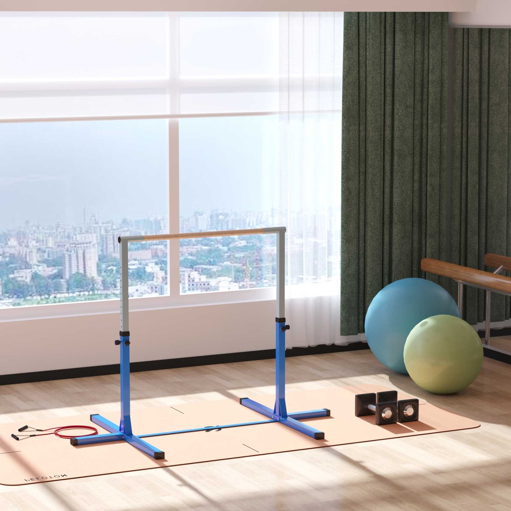 Γυμναστική μπάρα γυμναστικής, οριζόντια μπάρα ρυθμιζόμενη σε ύψος 13 επιπέδων, μπάρα γυμναστικής υψηλής ράβδου από ξύλο και στιβαρή ατσάλινη κατασκευή, μπορεί να χωρέσει έως 75 κιλά, για 3+ παιδιά, εσωτερικό, εξωτερικό, μπλε