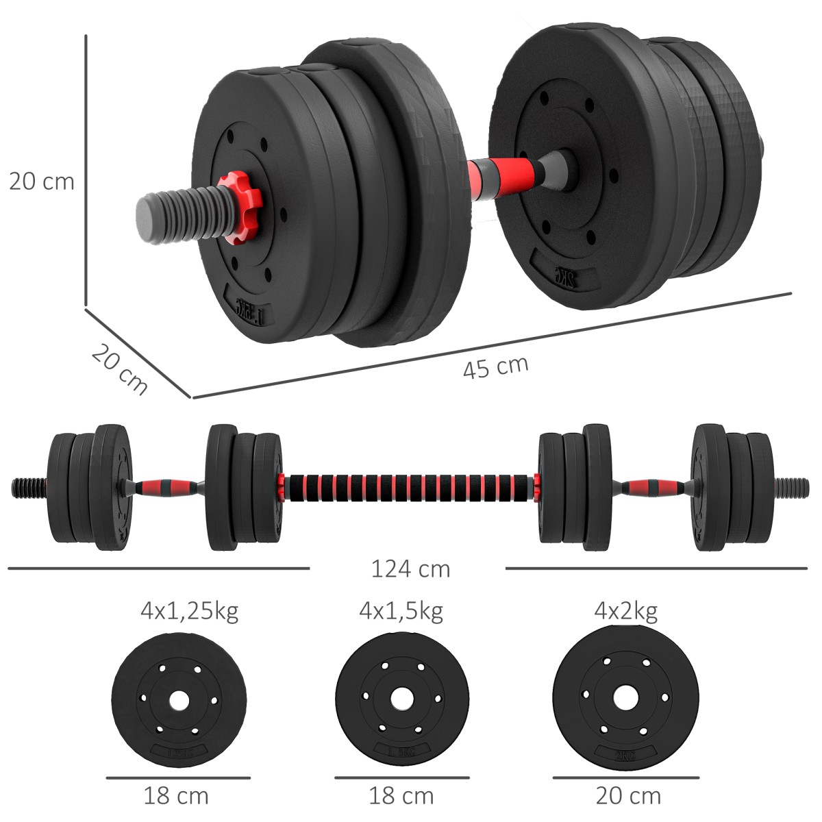 Σετ αλτήρων 2 σε 1 20kg Ρυθμιζόμενος αλτήρας & μπάρα Επαγγελματική προπόνηση δύναμης αλτήρων μαύρο