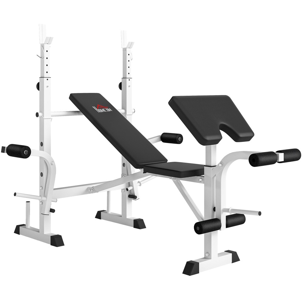 Πάγκος βαρών με σχάρα αλτήρων, πρέσα στήθους, πρέσα ποδιών, στήριγμα χεριών για μπούκλες δικέφαλου, ατσάλι, μαύρο+λευκό