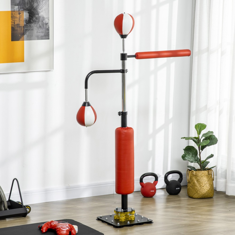Βάση πυγμαχίας, δύο μπάλες ταχύτητας, περιστρεφόμενη μπάρα μποξ, μαξιλαράκι, ρυθμιζόμενο ύψος, ατσάλι, 107 x 36 x 140-205 cm