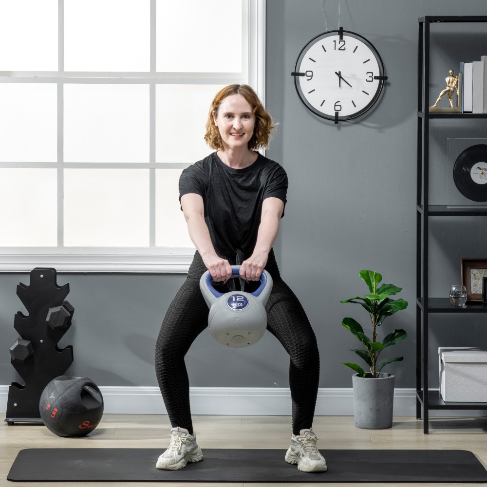 Kettlebell, kettlebell, 12 kg, επίπεδος πάτος, μεγάλη λαβή, πλαστικό κάλυμμα, μπλε, 24 x 17 x 28 cm