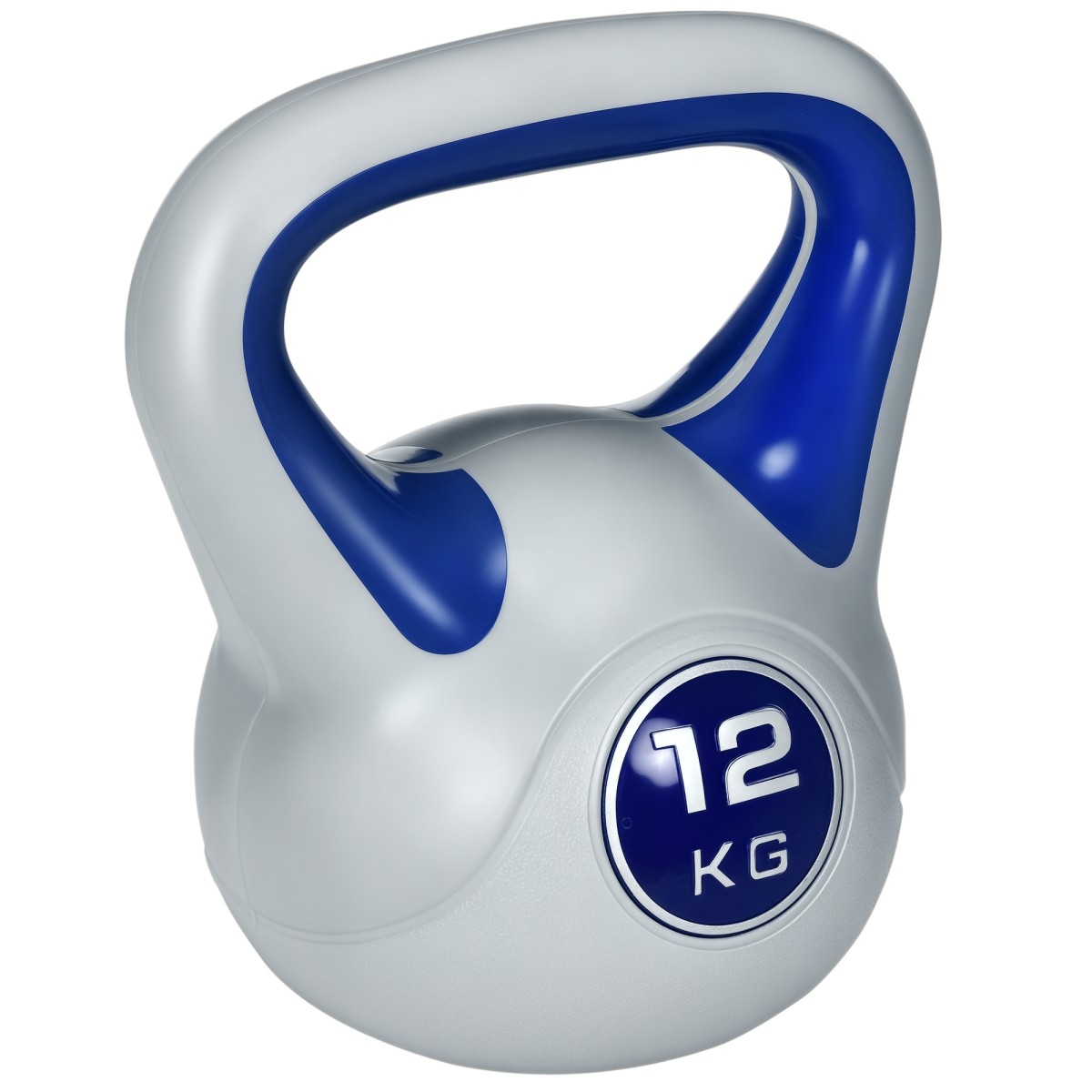 Kettlebell, kettlebell, 12 kg, επίπεδος πάτος, μεγάλη λαβή, πλαστικό κάλυμμα, μπλε, 24 x 17 x 28 cm