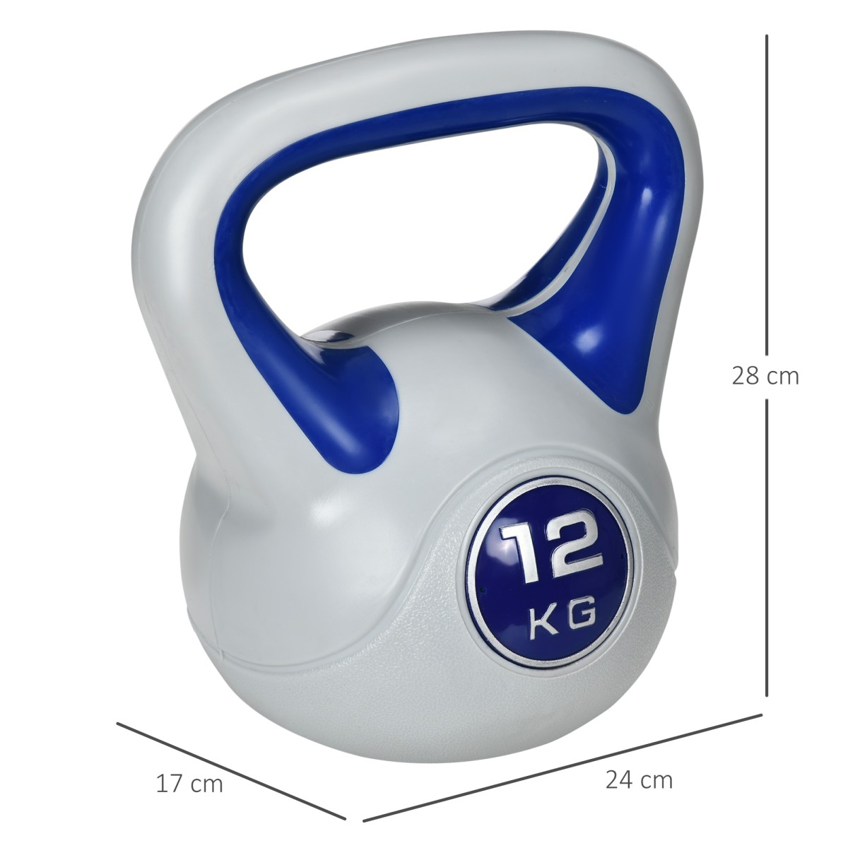Kettlebell, kettlebell, 12 kg, επίπεδος πάτος, μεγάλη λαβή, πλαστικό κάλυμμα, μπλε, 24 x 17 x 28 cm