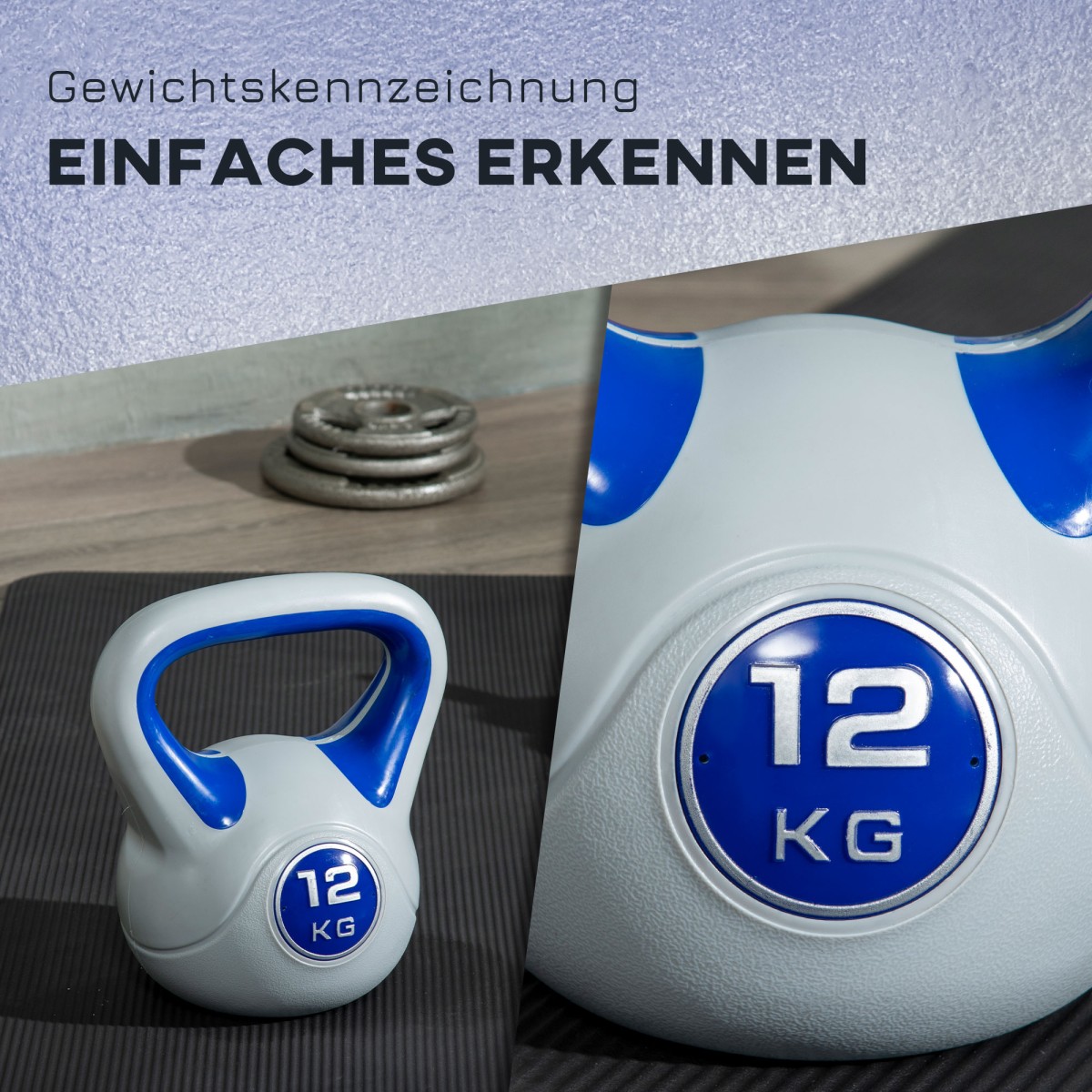 Kettlebell, kettlebell, 12 kg, επίπεδος πάτος, μεγάλη λαβή, πλαστικό κάλυμμα, μπλε, 24 x 17 x 28 cm