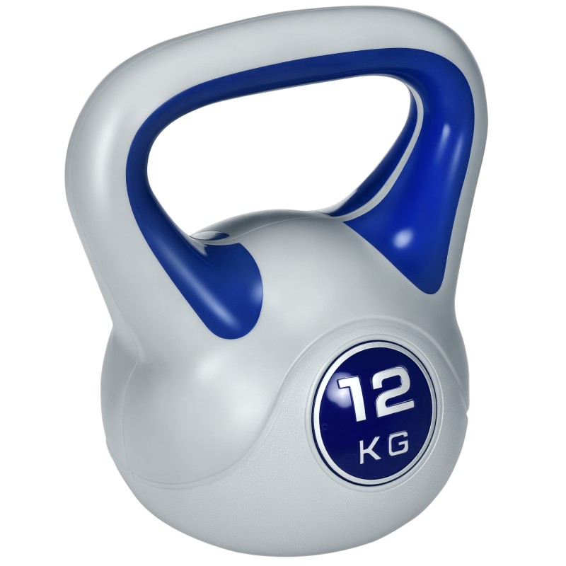 Kettlebell, kettlebell, 12 kg, επίπεδος πάτος, μεγάλη λαβή, πλαστικό κάλυμμα, μπλε, 24 x 17 x 28 cm