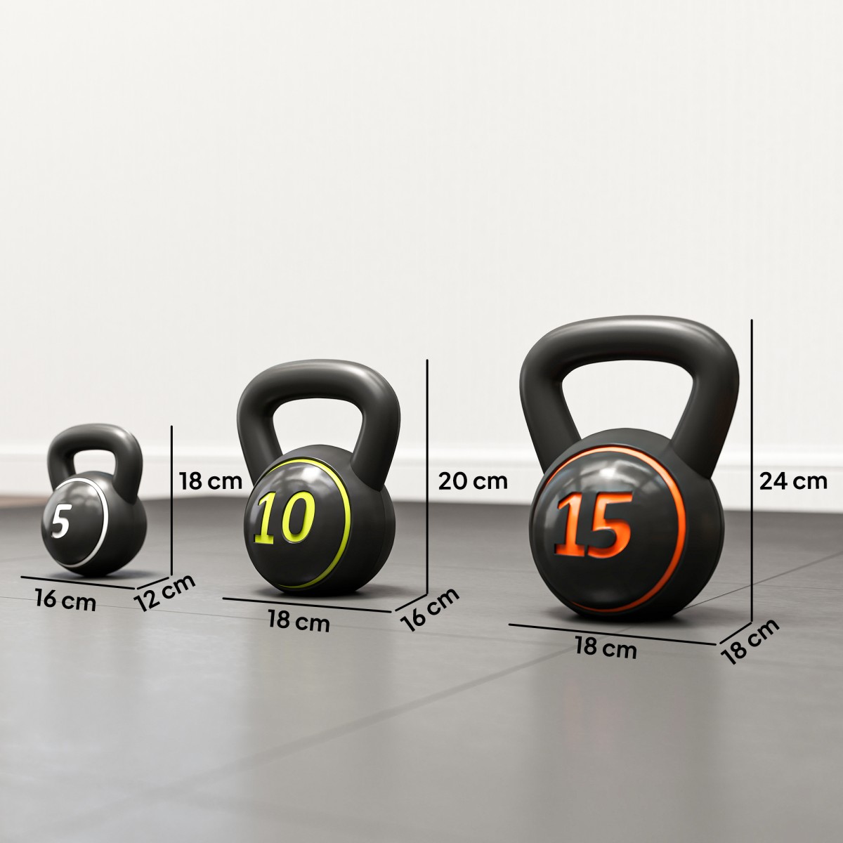 Σετ Kettlebell, 3 kettlebells 2,2kg/4,5kg/6,8kg, πλαστικό κάλυμμα, μαύρο