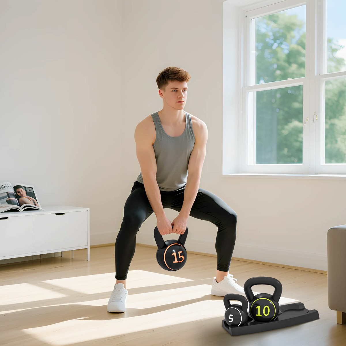 Σετ Kettlebell, 3 kettlebells 2,2kg/4,5kg/6,8kg, πλαστικό κάλυμμα, μαύρο