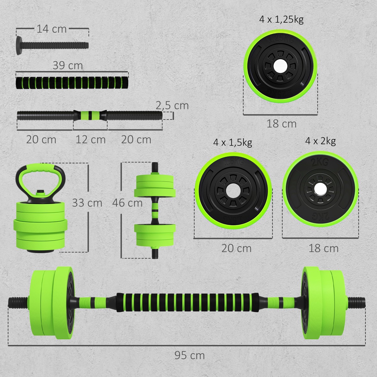 Σετ αλτήρες 4 σε 1 20kg Ρυθμιζόμενοι αλτήρες & μπάρα Kettlebell Push-Up Λαβές Πράσινο