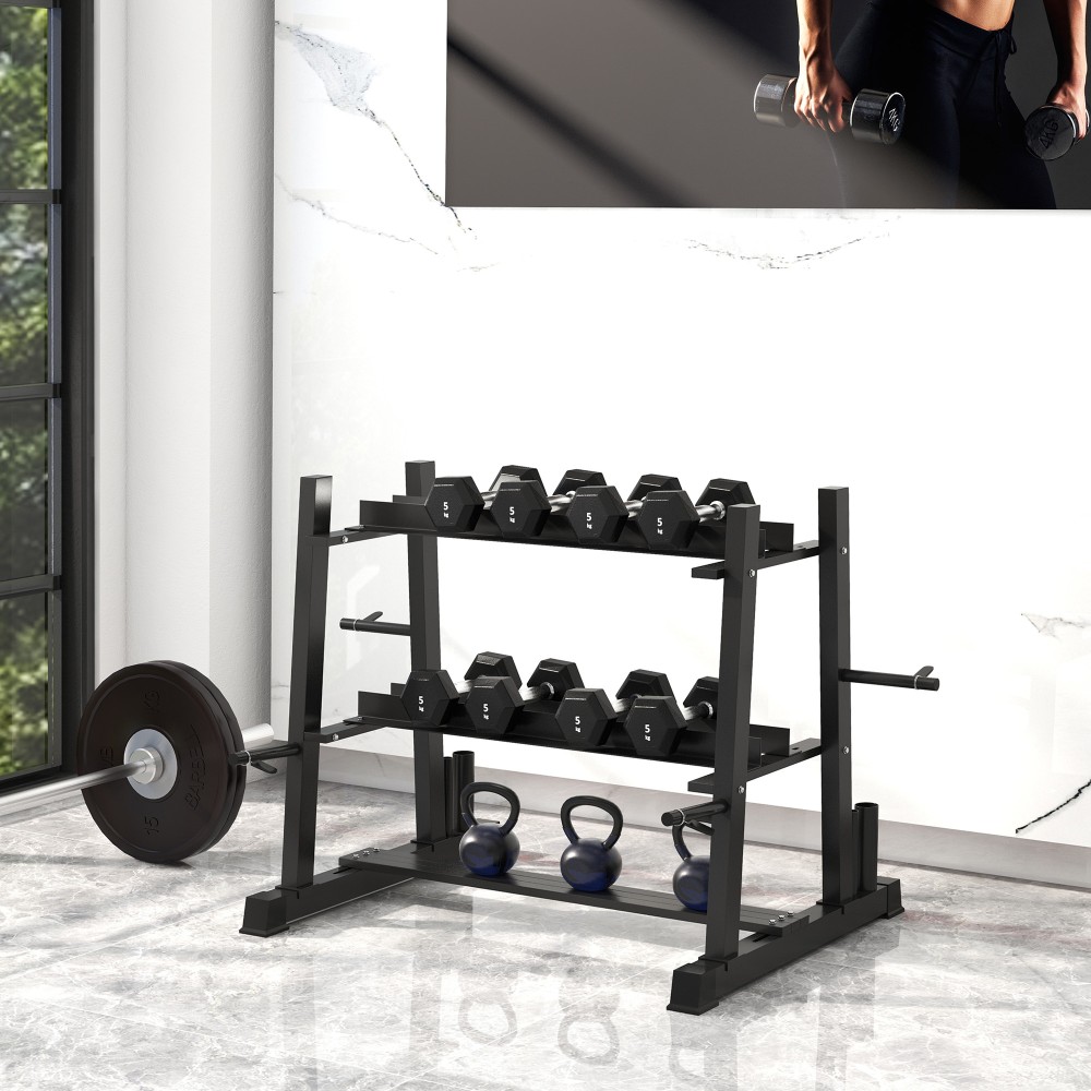 Βάση αλτήρων, Kettlebell, Πλάκες βάρους, 3 επιπέδων, Ρυθμιζόμενο, Ατσάλι, 131 x 75 x 80 cm, Μαύρο