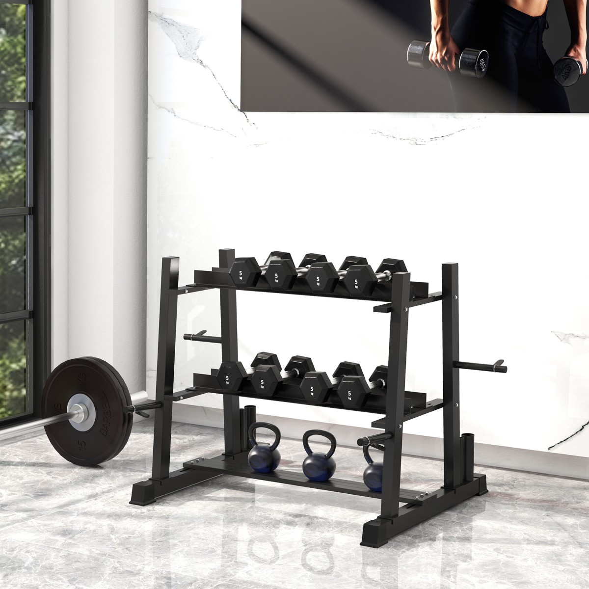 Βάση αλτήρων, Kettlebell, Πλάκες βάρους, 3 επιπέδων, Ρυθμιζόμενο, Ατσάλι, 131 x 75 x 80 cm, Μαύρο
