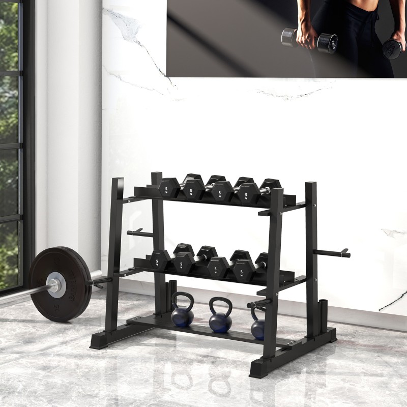 Βάση αλτήρων, Kettlebell, Πλάκες βάρους, 3 επιπέδων, Ρυθμιζόμενο, Ατσάλι, 131 x 75 x 80 cm, Μαύρο