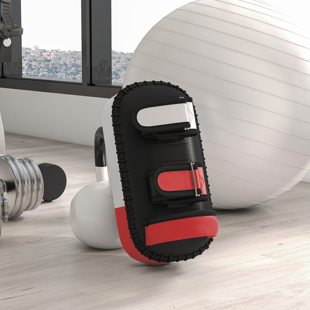 Kick pad για Muay Thai, kickboxing, κάλυμμα από ψεύτικο δέρμα, 0,4 kg, 38x20x18 cm, μαύρο/κόκκινο/άσπρο