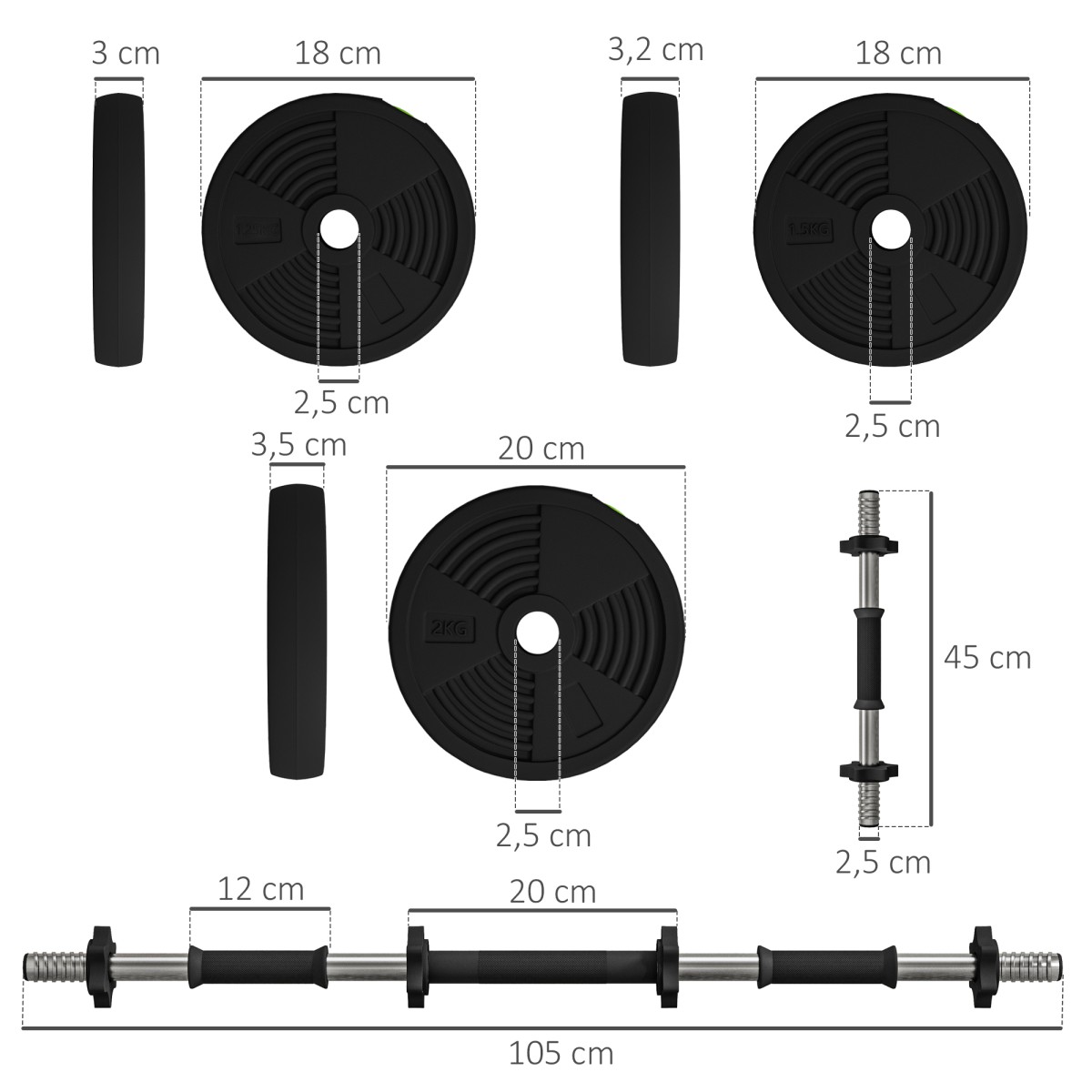 Σετ Dumbbell Bar & Dumbbell 2 in 1 20kg Αντιολισθητικό δάπεδο Απαλό Μαύρο/Πράσινο