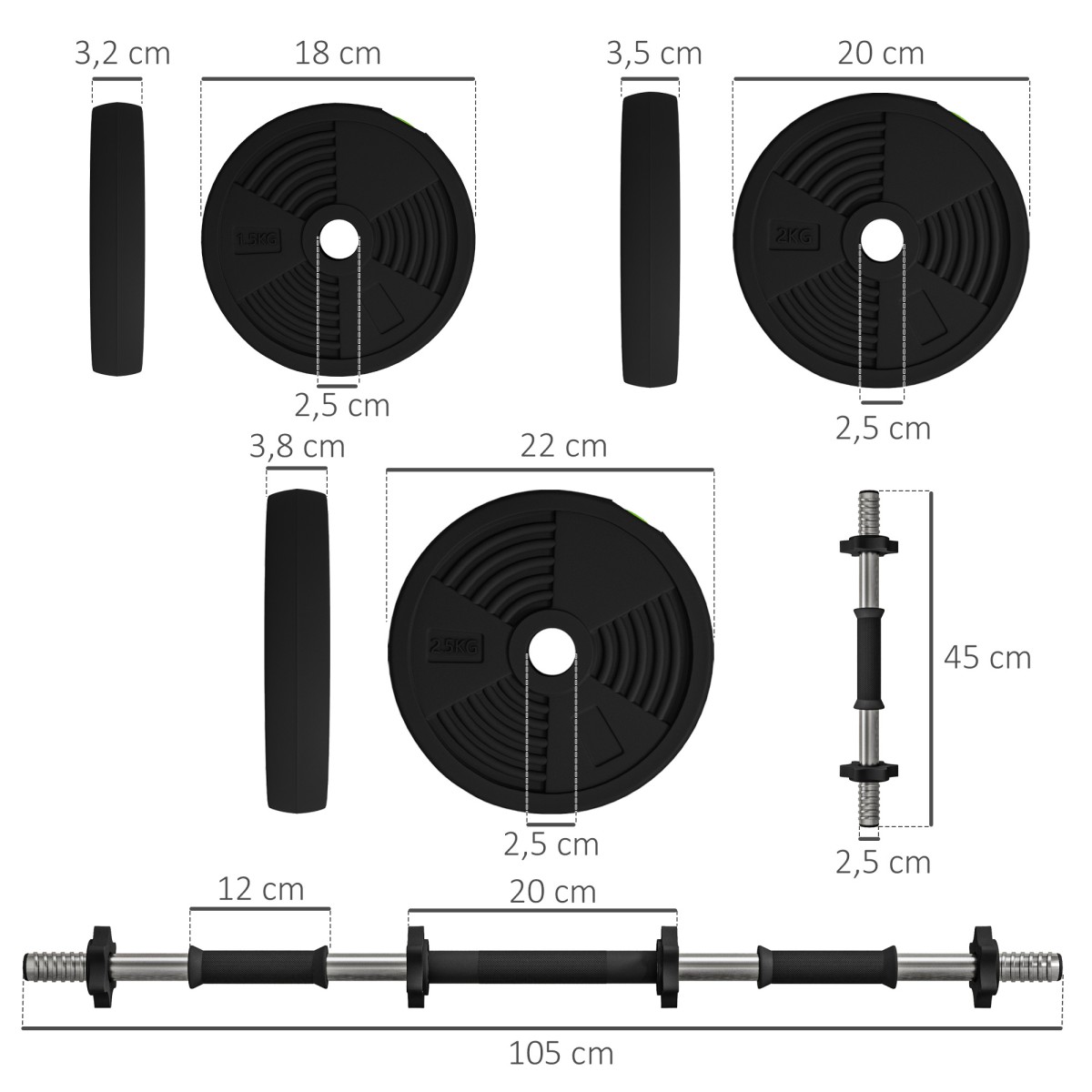 2 σε 1 Σετ Dumbbell Bar & Dumbbell 25kg Αντιολισθητικό δάπεδο Απαλό Μαύρο/Πράσινο