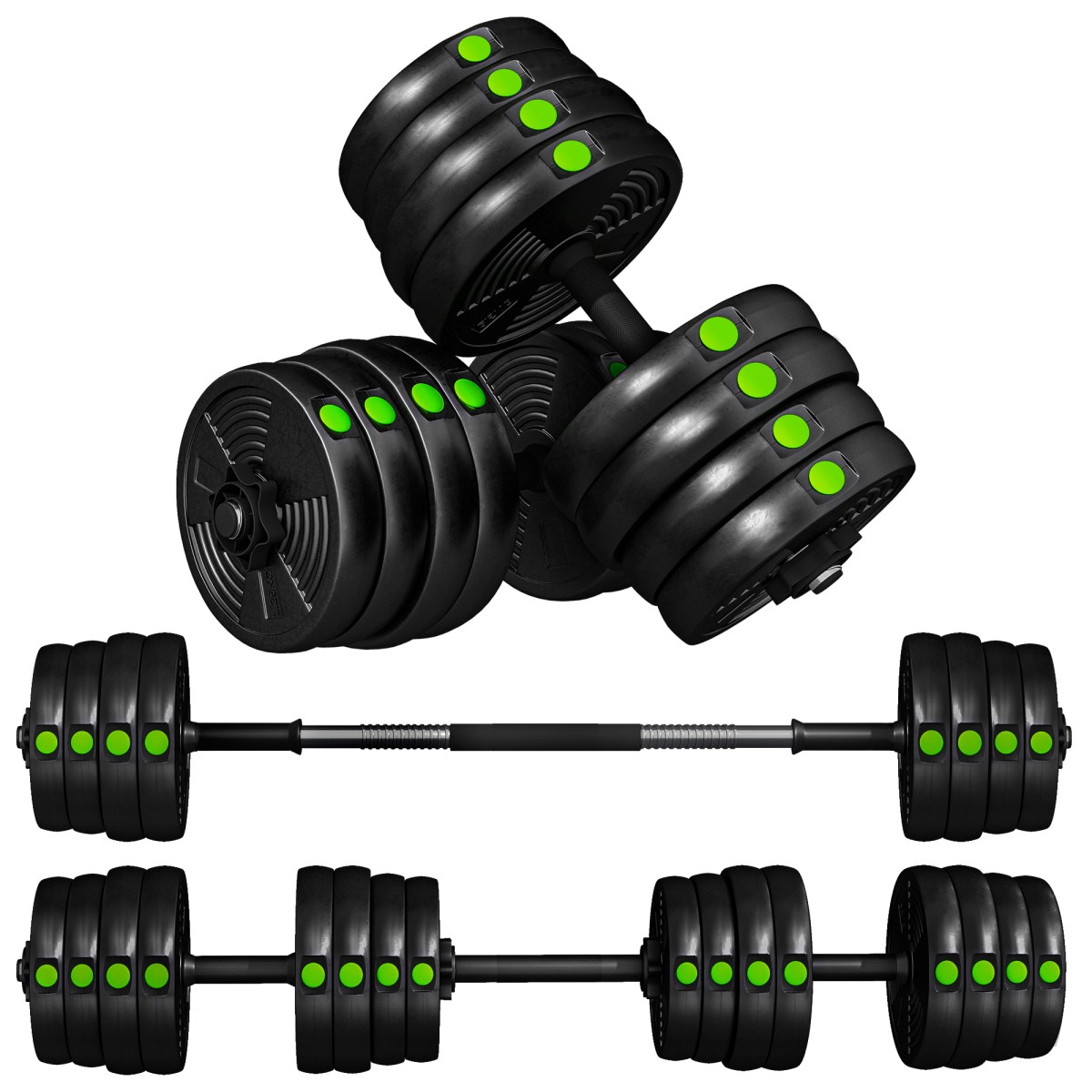 Σετ αλτήρες 2 σε 1, Barbell & Dumbbell, 30kg, Αντιολισθητικό, Δάπεδο απαλό, Μαύρο/Πράσινο