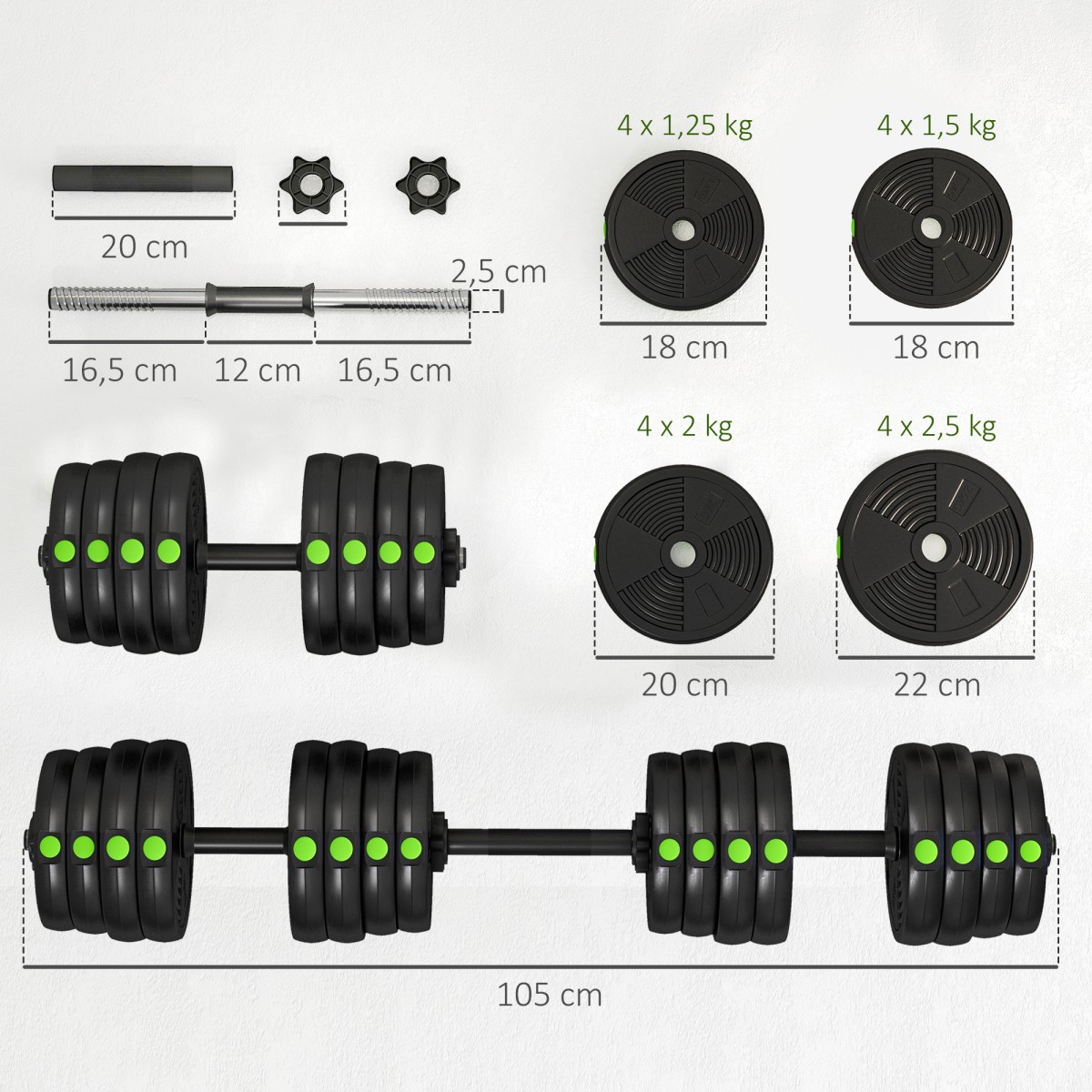 Σετ αλτήρες 2 σε 1, Barbell & Dumbbell, 30kg, Αντιολισθητικό, Δάπεδο απαλό, Μαύρο/Πράσινο