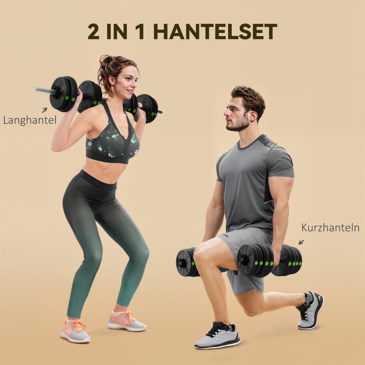 Σετ αλτήρες 2 σε 1, Barbell & Dumbbell, 30kg, Αντιολισθητικό, Δάπεδο απαλό, Μαύρο/Πράσινο