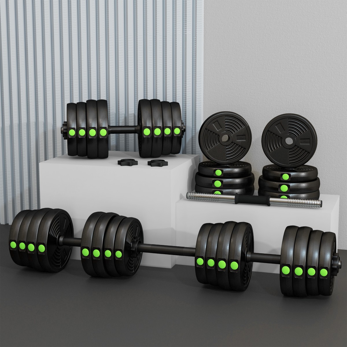 Σετ αλτήρες 2 σε 1, Barbell & Dumbbell, 30kg, Αντιολισθητικό, Δάπεδο απαλό, Μαύρο/Πράσινο