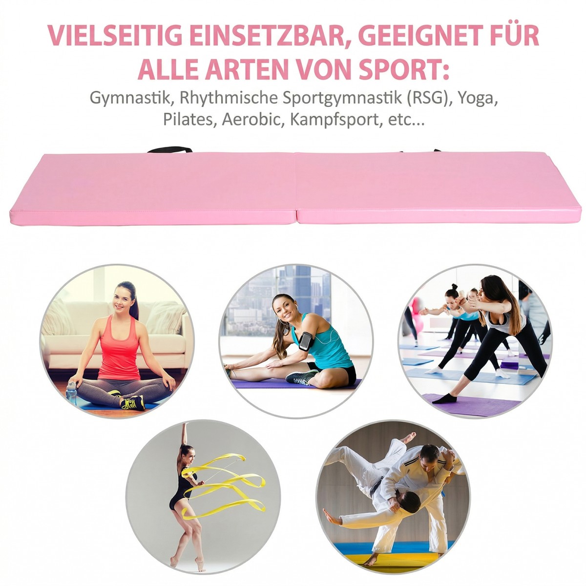 Πτυσσόμενο χαλάκι γυμναστικής με λαβές για Yoga, MMA, Fitness, Pilates, Συνθετικό κάλυμμα, 180 x 60 x 5 cm, Ροζ