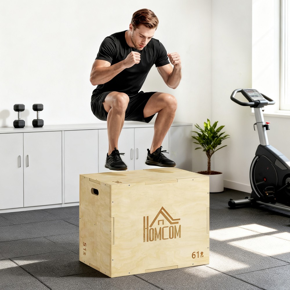 3-σε-1 Plyo Box Ξύλινο Plyometric Jump Box με 3 λαβές Jump Height 61 x 51 x 76 cm Φυσικό ξύλο