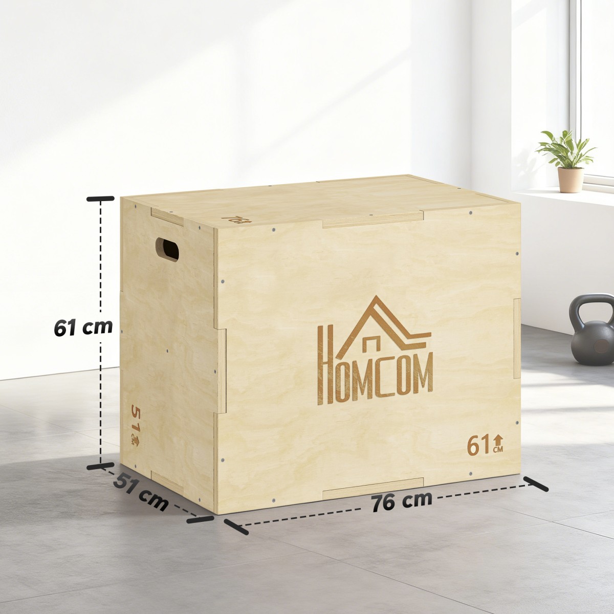 3-σε-1 Plyo Box Ξύλινο Plyometric Jump Box με 3 λαβές Jump Height 61 x 51 x 76 cm Φυσικό ξύλο