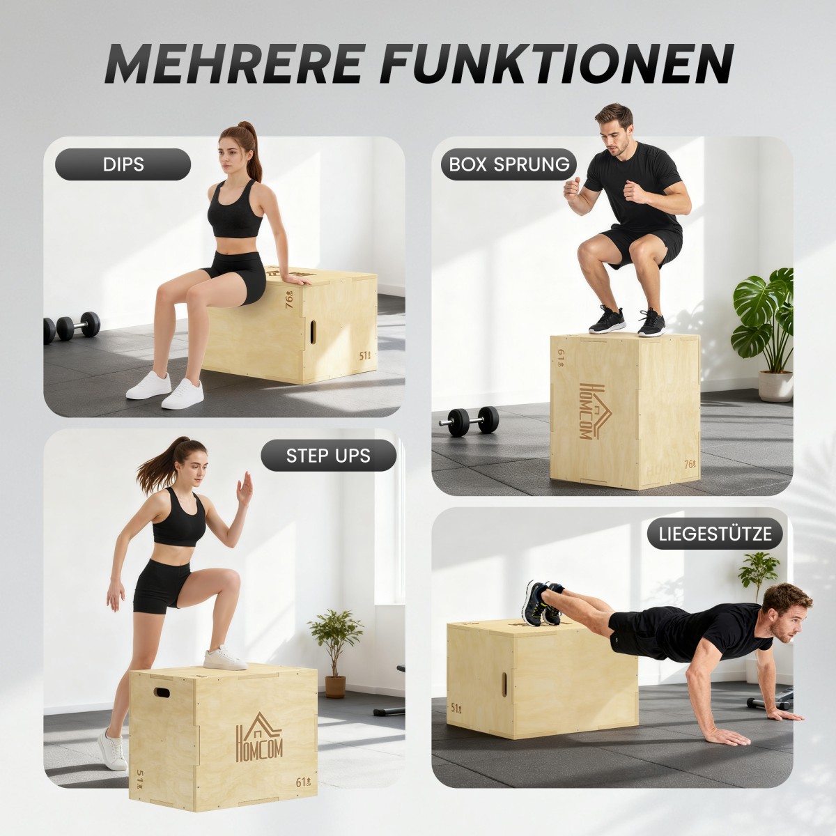 3-σε-1 Plyo Box Ξύλινο Plyometric Jump Box με 3 λαβές Jump Height 61 x 51 x 76 cm Φυσικό ξύλο