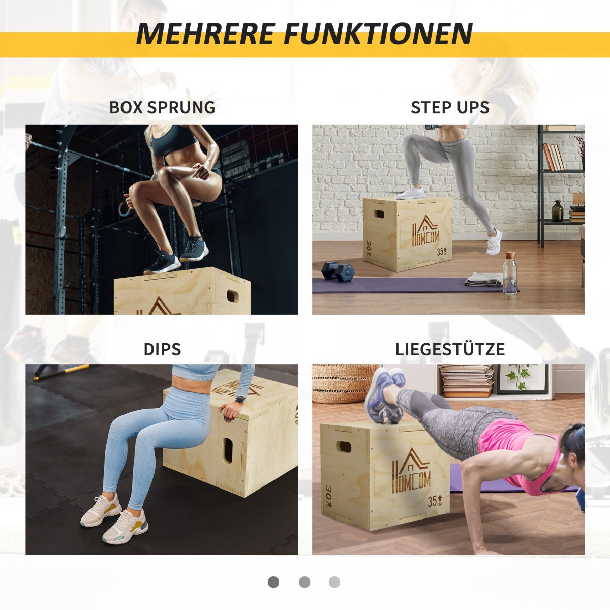 3-σε-1 Plyo Box Ξύλινο Plyometric Jump Box με 3 λαβές Jump Height 40,5 x 35,5 x 30,5 cm Φυσικό ξύλο