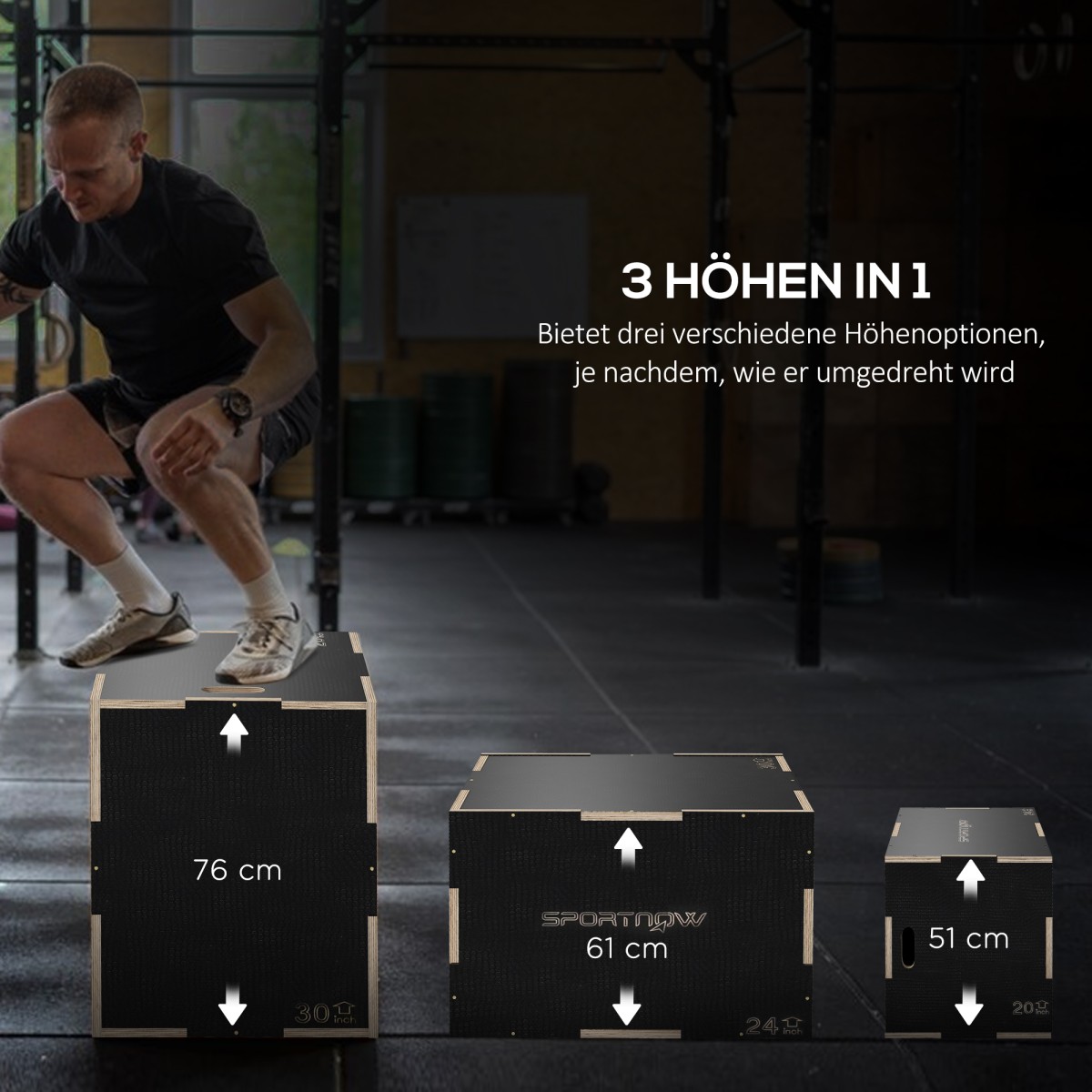 Plyo-Box/Sprungbox, στιβαρό, 76x61x51 cm, Schwarz, Griff 10x3,5 cm, bis 120 kg