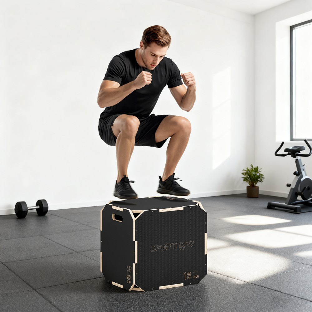 3-σε-1 plyo box, jump box με ανοίγματα λαβής, για γυμναστική στο σπίτι και υπαίθριες προπονήσεις, 3 ύψη άλματος, ξύλο, μαύρο